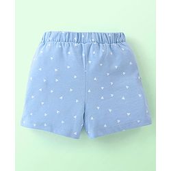 Babyhug 100% Cotton Knit Frill Sleeves Top & Shorts Set with Bow Applique & Argyle Embroidery - White & Light Blue