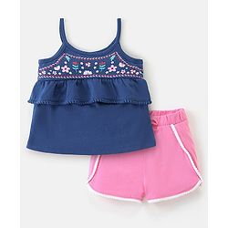 Babyhug 100% Cotton Knit Sleeveless Top & Short Floral Print - Navy Blue & Pink