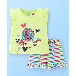 Babyhug 100% Cotton Frill Sleeves Top & Striped Shorts Set Candy Print - Lime Green