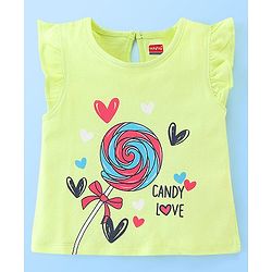 Babyhug 100% Cotton Frill Sleeves Top & Striped Shorts Set Candy Print - Lime Green