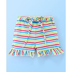 Babyhug 100% Cotton Frill Sleeves Top & Striped Shorts Set Candy Print - Lime Green