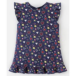 Babyhug Cotton Flutter Sleeves Nighty Heart Print - Navy Blue
