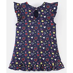 Babyhug Cotton Flutter Sleeves Nighty Heart Print - Navy Blue