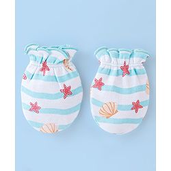 Babyhug 100% Cotton Cap Mittens And Booties Star & Shell Print  Blue - Diameter 9 Cm