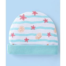 Babyhug 100% Cotton Cap Mittens And Booties Star & Shell Print  Blue - Diameter 9 Cm