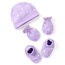 Babyhug 100% Cotton Knit Cap Mittens & Booties Set Sea Shell Print Purple - Diameter 10.5 cm