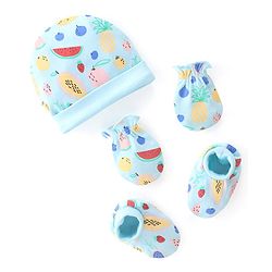 Babyhug 100% Cotton Cap Mittens & Booties Watermelon & Pineapple Print- Blue