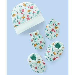 Babyhug 100% Cotton Cap Mittens And Booties Floral Print - Blue
