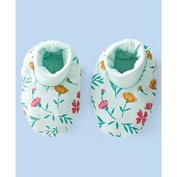Babyhug 100% Cotton Cap Mittens And Booties Floral Print - Blue