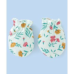 Babyhug 100% Cotton Cap Mittens And Booties Floral Print - Blue