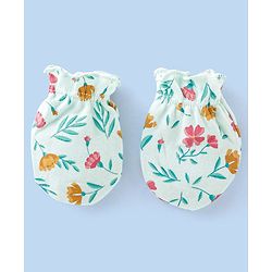 Babyhug 100% Cotton Cap Mittens And Booties Floral Print - Blue