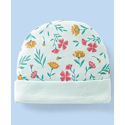 Babyhug 100% Cotton Cap Mittens And Booties Floral Print - Blue