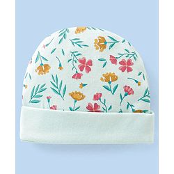 Babyhug 100% Cotton Cap Mittens And Booties Floral Print - Blue