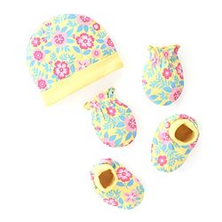Babyhug 100% Cotton Cap Mittens & Booties Floral Print- Yellow