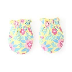 Babyhug 100% Cotton Cap Mittens & Booties Floral Print- Yellow