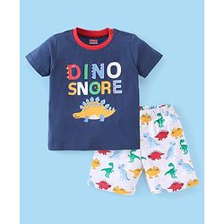 Babyhug Cotton Half Sleeves Night Suit Dino Print- Navy & Ecru