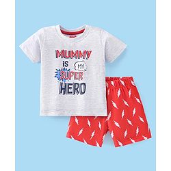 Babyhug Cotton Half Sleeves Night Suit Text Print- Ecru & Orange