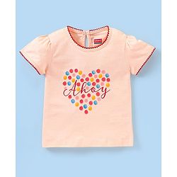 Babyhug 100% Cotton Knit Half Sleeves Top & Skirt Set with Bow Applique & Polka Dots Print - Peach & White