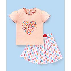 Babyhug 100% Cotton Knit Half Sleeves Top & Skirt Set with Bow Applique & Polka Dots Print - Peach & White