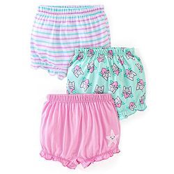 Babyhug 100% Cotton Knit Bloomers Stripes & Kitty Print Pack of 3 - Pink & Turquoise