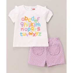 Babyhug 100% Cotton Knit Half Sleeves Top & Shorts Set Text Print - White & Lilac