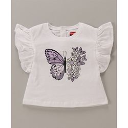 Babyhug 100% Cotton Knit Frill Sleeves Top & Shorts Set with Bow Applique & Butterfly Print - White & Lilac