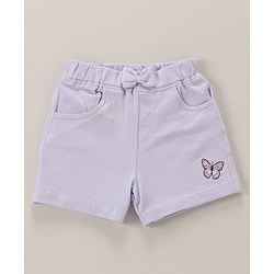 Babyhug 100% Cotton Knit Frill Sleeves Top & Shorts Set with Bow Applique & Butterfly Print - White & Lilac
