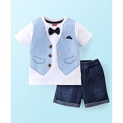 Babyhug Cotton Knit Half Sleeves T-Shirt & Shorts Waistcoat Print - White & Blue
