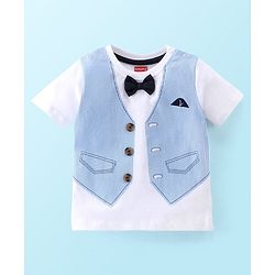 Babyhug Cotton Knit Half Sleeves T-Shirt & Shorts Waistcoat Print - White & Blue