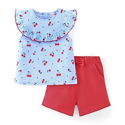 Babyhug 100% Cotton Knit Sleeveless Striped Top & Shorts Set with Bow Applique Cherry Print - Blue & Red