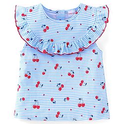 Babyhug 100% Cotton Knit Sleeveless Striped Top & Shorts Set with Bow Applique Cherry Print - Blue & Red