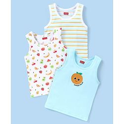 Babyhug 100% Cotton Sleeveless Sando Orange Print Pack of 3 - White & Blue