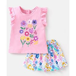 Babyhug 100% Cotton Knit Sleeveless Top and Skirt Set Floral Print - Blue & White