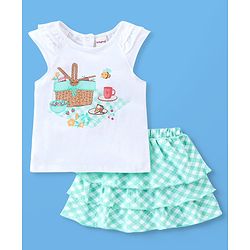 Babyhug 100% Cotton Knit Cap Sleeves Top & Layered Skirt Set Picnic Basket Print- White & Turquoise