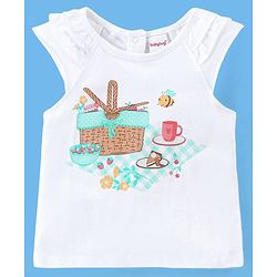Babyhug 100% Cotton Knit Cap Sleeves Top & Layered Skirt Set Picnic Basket Print- White & Turquoise