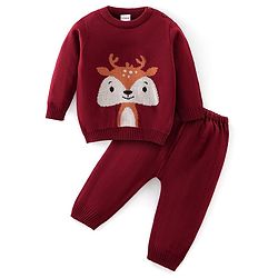 Babyhug Full Sleeves Sweater Set Deer Design- Maroon