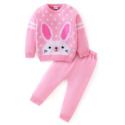 Babyhug Full Sleeves Sweater Set Bunny Design- Pink