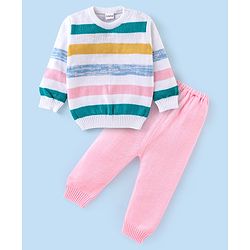 Babyhug Full Sleeves Sweater Set Stripes Design- White & Pink