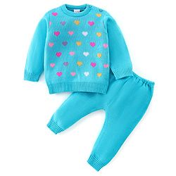 Babyhug Full Sleeves Sweater Set Hearts Design- Blue