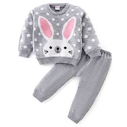 Babyhug Full Sleeves Sweater Set Bunny Design- Grey