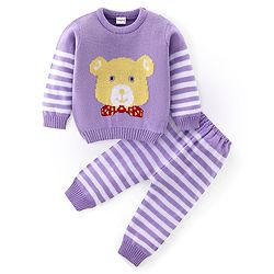 Babyhug Knitted Full Sleeves Sweater Set Teddy Design- Purple