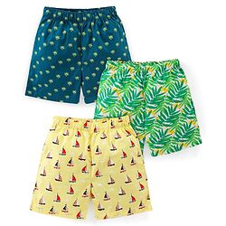 Babyhug Cotton Woven Boxers Leaf & Boat Print Pack Of 3- Yellow Green & Blue