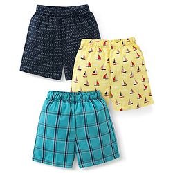 Babyhug Cotton Woven Elasticated Boxers with Checks & Boats Print Pack of 3 - Navy Blue & Yellow