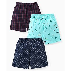 Babyhug Cotton Woven Elasticated Boxers with Checks & Beach Print Pack of 3 - Turquoise & Navy Blue