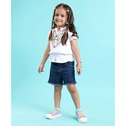 Babyhug 100% Cotton Knit Half Sleeves Top and Denim Shorts Set Floral Print - White & Blue