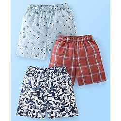 Babyhug Cotton Woven Elasticated Boxers with Checks & Stars Print Pack of 3 - Blue & Brown