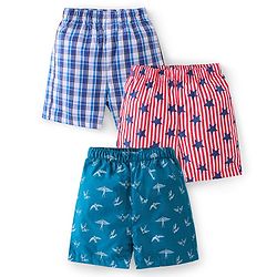 Babyhug Cotton Woven Boxers Checked & Star Print Pack of 3 - Navy Blue & Red