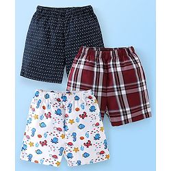 Babyhug Cotton Woven Knee Length Boxers Checks & Marine Life Print Pack of 3 - Maroon White & Black