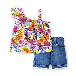 Babyhug 100% Cotton Sleeveless One Shoulder Top & Denim Shorts Floral Print - Purple & Blue