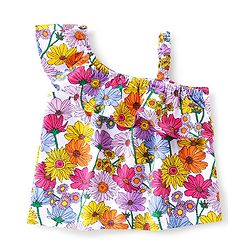 Babyhug 100% Cotton Sleeveless One Shoulder Top & Denim Shorts Floral Print - Purple & Blue